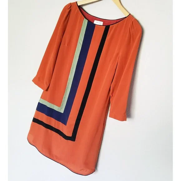 HARLYN Anthropologie 100% Silk Mini Shift Dress Orange Rust Colorblock Geometric - Picture 15 of 15